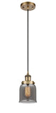 916-1P-BB-G53 Cord Hung 5" Brushed Brass Mini Pendant - Plated Smoke Small Bell Glass - LED Bulb - Dimmensions: 5 x 5 x 10<br>Minimum Height : 12.75<br>Maximum Height : 130.75 - Sloped Ceiling Compatible: Yes