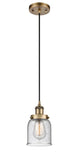 916-1P-BB-G54 Cord Hung 5" Brushed Brass Mini Pendant - Seedy Small Bell Glass - LED Bulb - Dimmensions: 5 x 5 x 10<br>Minimum Height : 12.75<br>Maximum Height : 130.75 - Sloped Ceiling Compatible: Yes