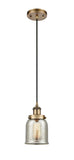 916-1P-BB-G58 Cord Hung 5" Brushed Brass Mini Pendant - Silver Plated Mercury Small Bell Glass - LED Bulb - Dimmensions: 5 x 5 x 10<br>Minimum Height : 12.75<br>Maximum Height : 130.75 - Sloped Ceiling Compatible: Yes