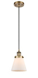 916-1P-BB-G61 Cord Hung 6" Brushed Brass Mini Pendant - Matte White Cased Small Cone Glass - LED Bulb - Dimmensions: 6 x 6 x 9<br>Minimum Height : 12.75<br>Maximum Height : 130.75 - Sloped Ceiling Compatible: Yes