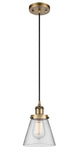 916-1P-BB-G62 Cord Hung 6" Brushed Brass Mini Pendant - Clear Small Cone Glass - LED Bulb - Dimmensions: 6 x 6 x 9<br>Minimum Height : 12.75<br>Maximum Height : 130.75 - Sloped Ceiling Compatible: Yes