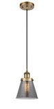 916-1P-BB-G63 Cord Hung 6" Brushed Brass Mini Pendant - Plated Smoke Small Cone Glass - LED Bulb - Dimmensions: 6 x 6 x 9<br>Minimum Height : 12.75<br>Maximum Height : 130.75 - Sloped Ceiling Compatible: Yes