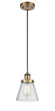 916-1P-BB-G64 Cord Hung 6" Brushed Brass Mini Pendant - Seedy Small Cone Glass - LED Bulb - Dimmensions: 6 x 6 x 9<br>Minimum Height : 12.75<br>Maximum Height : 130.75 - Sloped Ceiling Compatible: Yes