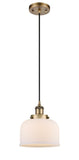 916-1P-BB-G71 Cord Hung 8" Brushed Brass Mini Pendant - Matte White Cased Large Bell Glass - LED Bulb - Dimmensions: 8 x 8 x 10<br>Minimum Height : 13.75<br>Maximum Height : 131.75 - Sloped Ceiling Compatible: Yes