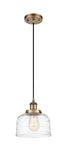 916-1P-BB-G713 Cord Hung 8" Brushed Brass Mini Pendant - Clear Deco Swirl Large Bell Glass - LED Bulb - Dimmensions: 8 x 8 x 10<br>Minimum Height : 13.75<br>Maximum Height : 131.75 - Sloped Ceiling Compatible: Yes