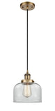 916-1P-BB-G72 Cord Hung 8" Brushed Brass Mini Pendant - Clear Large Bell Glass - LED Bulb - Dimmensions: 8 x 8 x 9<br>Minimum Height : 13.75<br>Maximum Height : 131.75 - Sloped Ceiling Compatible: Yes