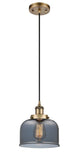 916-1P-BB-G73 Cord Hung 8" Brushed Brass Mini Pendant - Plated Smoke Large Bell Glass - LED Bulb - Dimmensions: 8 x 8 x 10<br>Minimum Height : 13.75<br>Maximum Height : 131.75 - Sloped Ceiling Compatible: Yes