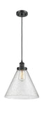 916-1P-BK-G44-L Cord Hung 8" Matte Black Mini Pendant - Seedy Cone 12" Glass - LED Bulb - Dimmensions: 8 x 8 x 10<br>Minimum Height : 13.75<br>Maximum Height : 131.75 - Sloped Ceiling Compatible: Yes