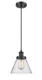 916-1P-BK-G44 Cord Hung 8" Matte Black Mini Pendant - Seedy Large Cone Glass - LED Bulb - Dimmensions: 8 x 8 x 10<br>Minimum Height : 13.75<br>Maximum Height : 131.75 - Sloped Ceiling Compatible: Yes