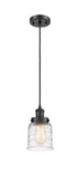 916-1P-BK-G513 Cord Hung 5" Matte Black Mini Pendant - Clear Deco Swirl Small Bell Glass - LED Bulb - Dimmensions: 5 x 5 x 10<br>Minimum Height : 12.75<br>Maximum Height : 130.75 - Sloped Ceiling Compatible: Yes