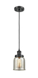 916-1P-BK-G58 Cord Hung 5" Matte Black Mini Pendant - Silver Plated Mercury Small Bell Glass - LED Bulb - Dimmensions: 5 x 5 x 10<br>Minimum Height : 12.75<br>Maximum Height : 130.75 - Sloped Ceiling Compatible: Yes