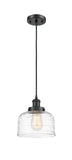 916-1P-BK-G713 Cord Hung 8" Matte Black Mini Pendant - Clear Deco Swirl Large Bell Glass - LED Bulb - Dimmensions: 8 x 8 x 10<br>Minimum Height : 13.75<br>Maximum Height : 131.75 - Sloped Ceiling Compatible: Yes