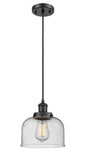 Cord Hung 8" Matte Black Mini Pendant - Seedy Large Bell Glass Shade - LED Bulb Included