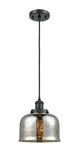 916-1P-BK-G78 Cord Hung 8" Matte Black Mini Pendant - Silver Plated Mercury Large Bell Glass - LED Bulb - Dimmensions: 8 x 8 x 10<br>Minimum Height : 13.75<br>Maximum Height : 131.75 - Sloped Ceiling Compatible: Yes