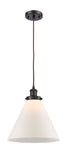 916-1P-OB-G41-L Cord Hung 8" Oil Rubbed Bronze Mini Pendant - Matte White Cased Cone 12" Glass - LED Bulb - Dimmensions: 8 x 8 x 10<br>Minimum Height : 13.75<br>Maximum Height : 131.75 - Sloped Ceiling Compatible: Yes
