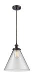 916-1P-OB-G42-L Cord Hung 8" Oil Rubbed Bronze Mini Pendant - Clear Cone 12" Glass - LED Bulb - Dimmensions: 8 x 8 x 10<br>Minimum Height : 13.75<br>Maximum Height : 131.75 - Sloped Ceiling Compatible: Yes