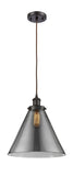 916-1P-OB-G43-L Cord Hung 8" Oil Rubbed Bronze Mini Pendant - Plated Smoke Cone 12" Glass - LED Bulb - Dimmensions: 8 x 8 x 10<br>Minimum Height : 13.75<br>Maximum Height : 131.75 - Sloped Ceiling Compatible: Yes