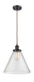 916-1P-OB-G44-L Cord Hung 8" Oil Rubbed Bronze Mini Pendant - Seedy Cone 12" Glass - LED Bulb - Dimmensions: 8 x 8 x 10<br>Minimum Height : 13.75<br>Maximum Height : 131.75 - Sloped Ceiling Compatible: Yes