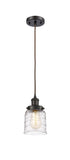 916-1P-OB-G513 Cord Hung 5" Oil Rubbed Bronze Mini Pendant - Clear Deco Swirl Small Bell Glass - LED Bulb - Dimmensions: 5 x 5 x 10<br>Minimum Height : 12.75<br>Maximum Height : 130.75 - Sloped Ceiling Compatible: Yes