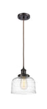 916-1P-OB-G713 Cord Hung 8" Oil Rubbed Bronze Mini Pendant - Clear Deco Swirl Large Bell Glass - LED Bulb - Dimmensions: 8 x 8 x 10<br>Minimum Height : 13.75<br>Maximum Height : 131.75 - Sloped Ceiling Compatible: Yes