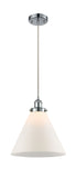 916-1P-PC-G41-L Cord Hung 8" Polished Chrome Mini Pendant - Matte White Cased Cone 12" Glass - LED Bulb - Dimmensions: 8 x 8 x 10<br>Minimum Height : 13.75<br>Maximum Height : 131.75 - Sloped Ceiling Compatible: Yes
