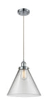 916-1P-PC-G42-L Cord Hung 8" Polished Chrome Mini Pendant - Clear Cone 12" Glass - LED Bulb - Dimmensions: 8 x 8 x 10<br>Minimum Height : 13.75<br>Maximum Height : 131.75 - Sloped Ceiling Compatible: Yes