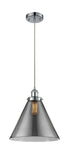 916-1P-PC-G43-L Cord Hung 8" Polished Chrome Mini Pendant - Plated Smoke Cone 12" Glass - LED Bulb - Dimmensions: 8 x 8 x 10<br>Minimum Height : 13.75<br>Maximum Height : 131.75 - Sloped Ceiling Compatible: Yes