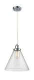916-1P-PC-G44-L Cord Hung 8" Polished Chrome Mini Pendant - Seedy Cone 12" Glass - LED Bulb - Dimmensions: 8 x 8 x 10<br>Minimum Height : 13.75<br>Maximum Height : 131.75 - Sloped Ceiling Compatible: Yes