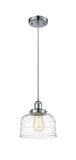 916-1P-PC-G713 Cord Hung 8" Polished Chrome Mini Pendant - Clear Deco Swirl Large Bell Glass - LED Bulb - Dimmensions: 8 x 8 x 10<br>Minimum Height : 13.75<br>Maximum Height : 131.75 - Sloped Ceiling Compatible: Yes