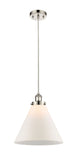 916-1P-PN-G41-L Cord Hung 8" Polished Nickel Mini Pendant - Matte White Cased Cone 12" Glass - LED Bulb - Dimmensions: 8 x 8 x 10<br>Minimum Height : 13.75<br>Maximum Height : 131.75 - Sloped Ceiling Compatible: Yes