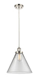 916-1P-PN-G42-L Cord Hung 8" Polished Nickel Mini Pendant - Clear Cone 12" Glass - LED Bulb - Dimmensions: 8 x 8 x 10<br>Minimum Height : 13.75<br>Maximum Height : 131.75 - Sloped Ceiling Compatible: Yes