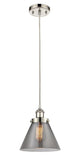 916-1P-PN-G43 Cord Hung 8" Polished Nickel Mini Pendant - Plated Smoke Large Cone Glass - LED Bulb - Dimmensions: 8 x 8 x 10<br>Minimum Height : 13.75<br>Maximum Height : 131.75 - Sloped Ceiling Compatible: Yes
