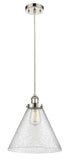 916-1P-PN-G44-L Cord Hung 8" Polished Nickel Mini Pendant - Seedy Cone 12" Glass - LED Bulb - Dimmensions: 8 x 8 x 10<br>Minimum Height : 13.75<br>Maximum Height : 131.75 - Sloped Ceiling Compatible: Yes
