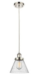 916-1P-PN-G44 Cord Hung 8" Polished Nickel Mini Pendant - Seedy Large Cone Glass - LED Bulb - Dimmensions: 8 x 8 x 10<br>Minimum Height : 13.75<br>Maximum Height : 131.75 - Sloped Ceiling Compatible: Yes