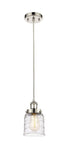 916-1P-PN-G513 Cord Hung 5" Polished Nickel Mini Pendant - Clear Deco Swirl Small Bell Glass - LED Bulb - Dimmensions: 5 x 5 x 10<br>Minimum Height : 12.75<br>Maximum Height : 130.75 - Sloped Ceiling Compatible: Yes
