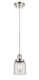 916-1P-PN-G52 Cord Hung 5" Polished Nickel Mini Pendant - Clear Small Bell Glass - LED Bulb - Dimmensions: 5 x 5 x 10<br>Minimum Height : 12.75<br>Maximum Height : 130.75 - Sloped Ceiling Compatible: Yes