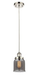 916-1P-PN-G53 Cord Hung 5" Polished Nickel Mini Pendant - Plated Smoke Small Bell Glass - LED Bulb - Dimmensions: 5 x 5 x 10<br>Minimum Height : 12.75<br>Maximum Height : 130.75 - Sloped Ceiling Compatible: Yes