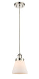 916-1P-PN-G61 Cord Hung 6" Polished Nickel Mini Pendant - Matte White Cased Small Cone Glass - LED Bulb - Dimmensions: 6 x 6 x 9<br>Minimum Height : 12.75<br>Maximum Height : 130.75 - Sloped Ceiling Compatible: Yes
