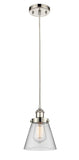 916-1P-PN-G62 Cord Hung 6" Polished Nickel Mini Pendant - Clear Small Cone Glass - LED Bulb - Dimmensions: 6 x 6 x 9<br>Minimum Height : 12.75<br>Maximum Height : 130.75 - Sloped Ceiling Compatible: Yes