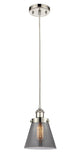 916-1P-PN-G63 Cord Hung 6" Polished Nickel Mini Pendant - Plated Smoke Small Cone Glass - LED Bulb - Dimmensions: 6 x 6 x 9<br>Minimum Height : 12.75<br>Maximum Height : 130.75 - Sloped Ceiling Compatible: Yes