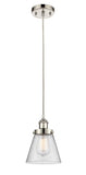 916-1P-PN-G64 Cord Hung 6" Polished Nickel Mini Pendant - Seedy Small Cone Glass - LED Bulb - Dimmensions: 6 x 6 x 9<br>Minimum Height : 12.75<br>Maximum Height : 130.75 - Sloped Ceiling Compatible: Yes