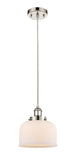 916-1P-PN-G71 Cord Hung 8" Polished Nickel Mini Pendant - Matte White Cased Large Bell Glass - LED Bulb - Dimmensions: 8 x 8 x 10<br>Minimum Height : 13.75<br>Maximum Height : 131.75 - Sloped Ceiling Compatible: Yes