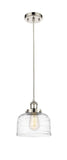 916-1P-PN-G713 Cord Hung 8" Polished Nickel Mini Pendant - Clear Deco Swirl Large Bell Glass - LED Bulb - Dimmensions: 8 x 8 x 10<br>Minimum Height : 13.75<br>Maximum Height : 131.75 - Sloped Ceiling Compatible: Yes