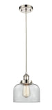 916-1P-PN-G72 Cord Hung 8" Polished Nickel Mini Pendant - Clear Large Bell Glass - LED Bulb - Dimmensions: 8 x 8 x 9<br>Minimum Height : 13.75<br>Maximum Height : 131.75 - Sloped Ceiling Compatible: Yes
