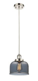 916-1P-PN-G73 Cord Hung 8" Polished Nickel Mini Pendant - Plated Smoke Large Bell Glass - LED Bulb - Dimmensions: 8 x 8 x 10<br>Minimum Height : 13.75<br>Maximum Height : 131.75 - Sloped Ceiling Compatible: Yes