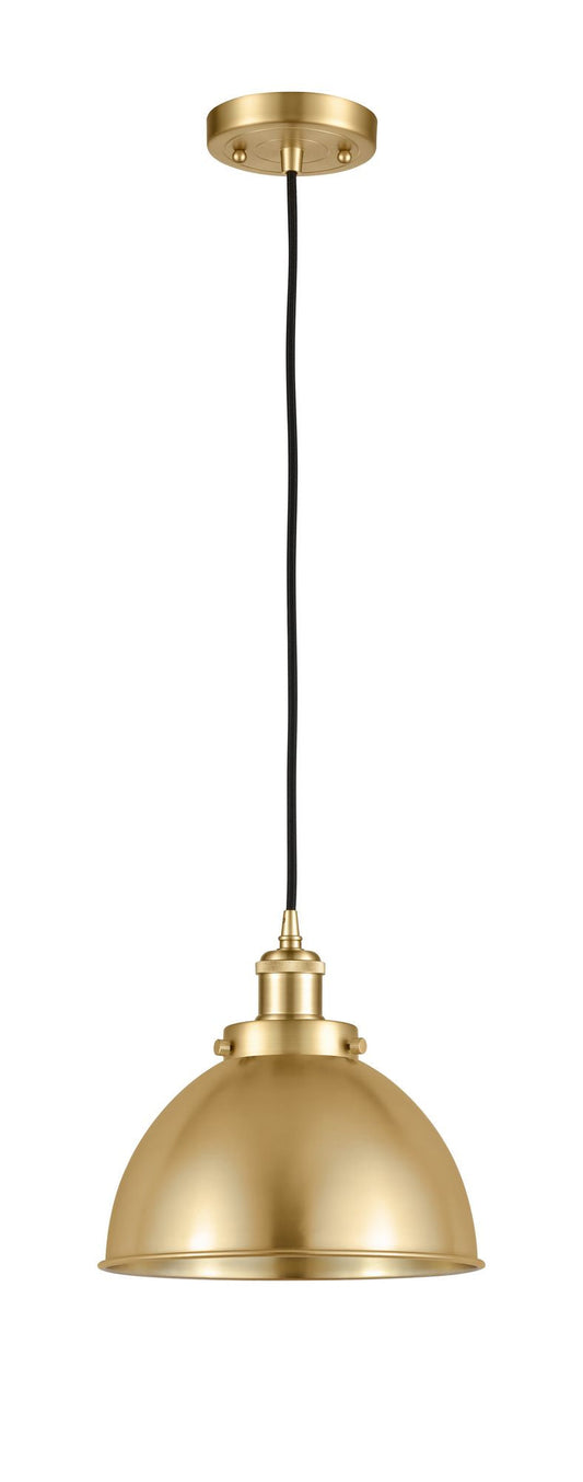 916-1P-SG-MFD-10-SG Cord Hung 10" Satin Gold Mini Pendant - Matte Black Ballston Urban Shade - LED Bulb - Dimmensions: 10 x 10 x 10.5<br>Minimum Height : 13.5<br>Maximum Height : 130.5 - Sloped Ceiling Compatible: Yes