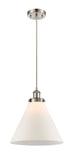 916-1P-SN-G41-L Cord Hung 8" Brushed Satin Nickel Mini Pendant - Matte White Cased Cone 12" Glass - LED Bulb - Dimmensions: 8 x 8 x 10<br>Minimum Height : 13.75<br>Maximum Height : 131.75 - Sloped Ceiling Compatible: Yes