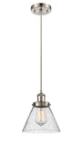 916-1P-SN-G44 Cord Hung 8" Brushed Satin Nickel Mini Pendant - Seedy Large Cone Glass - LED Bulb - Dimmensions: 8 x 8 x 10<br>Minimum Height : 13.75<br>Maximum Height : 131.75 - Sloped Ceiling Compatible: Yes