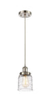 916-1P-SN-G513 Cord Hung 5" Brushed Satin Nickel Mini Pendant - Clear Deco Swirl Small Bell Glass - LED Bulb - Dimmensions: 5 x 5 x 10<br>Minimum Height : 12.75<br>Maximum Height : 130.75 - Sloped Ceiling Compatible: Yes