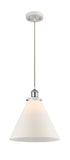 916-1P-WPC-G41-L Cord Hung 8" White and Polished Chrome Mini Pendant - Matte White Cased Cone 12" Glass - LED Bulb - Dimmensions: 8 x 8 x 10<br>Minimum Height : 13.75<br>Maximum Height : 131.75 - Sloped Ceiling Compatible: Yes